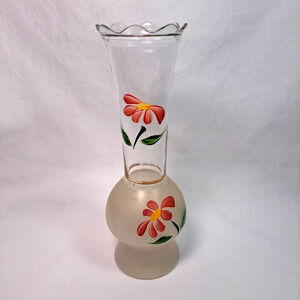 Bartlett Collins Hand Painted Pink Floral Half Frosted 9" Vase Vintage 1940s
